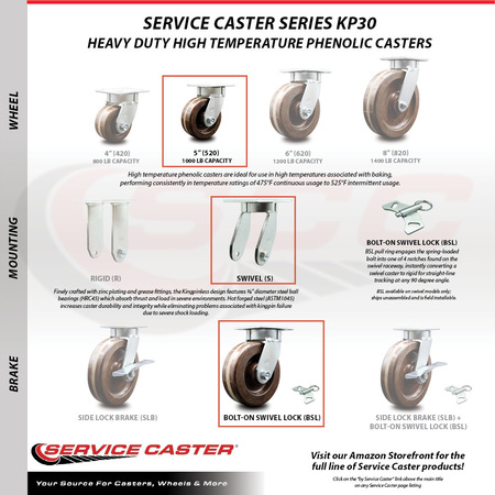 Service Caster 5 Inch Kingpinless High Temp Phenolic Wheel Caster Swivel Locks 2 Brakes, 2PK SCC-KP30S520-PHRHT-BSL-2-SLB-2